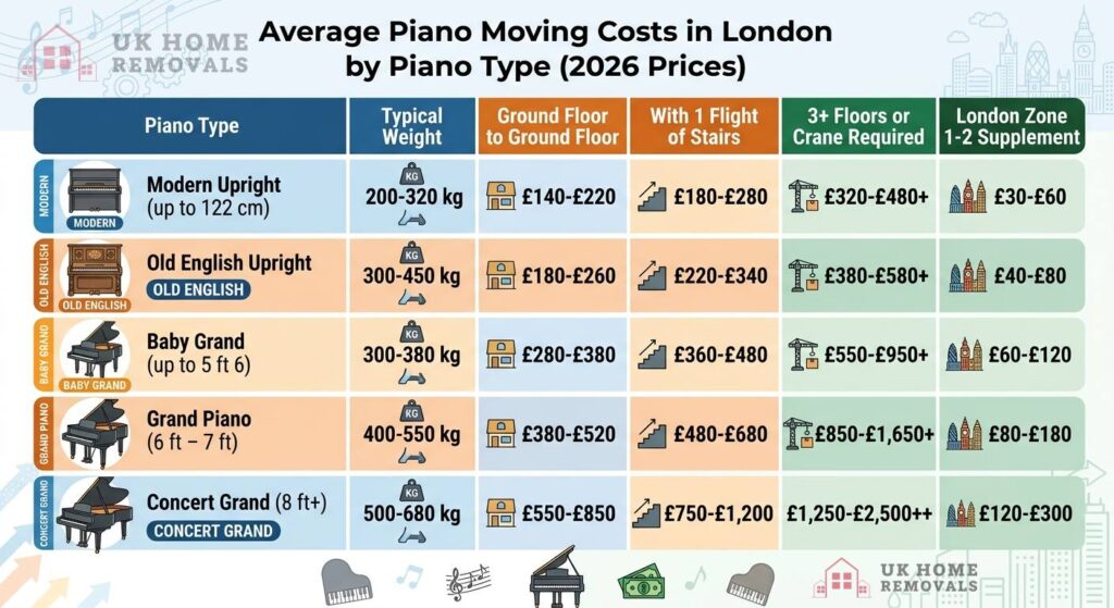 Average Piano Moving Costs in London by Piano Type